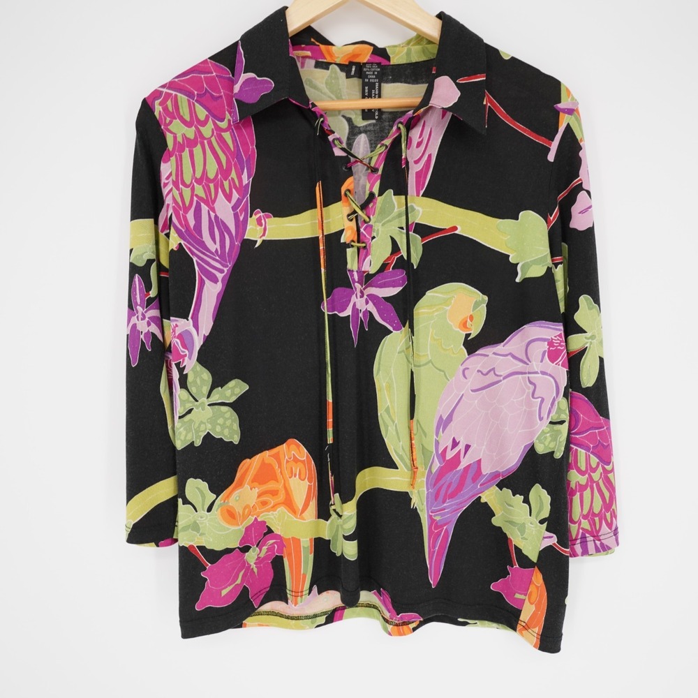 Vintage Lynn Ritchie Y2K Silk Blend Top Womens XL Black Tropical Parrots Artwear